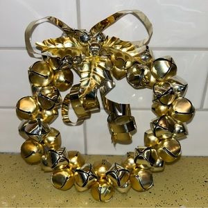 Christmas Jingle Bells Wreath 7”-8” Metal GOLD & SILVER Holly Leaves Taiwan